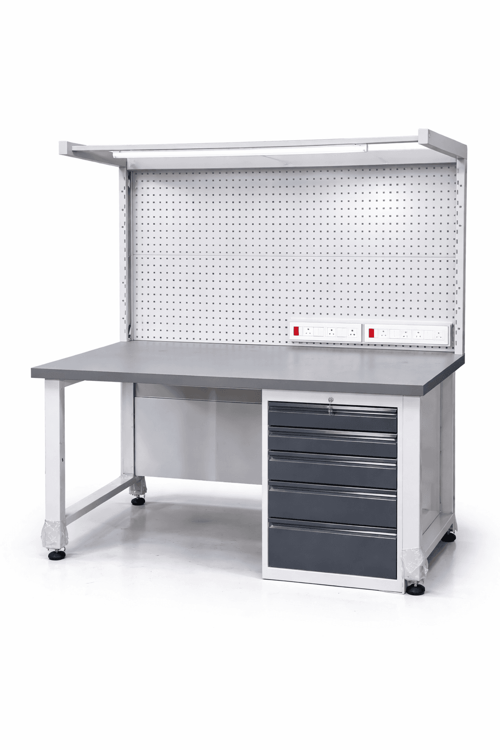 Heavy-duty workbench with pegboard setup